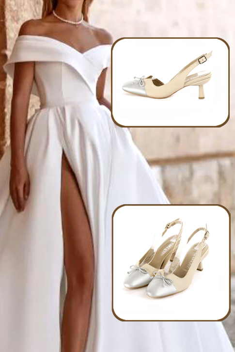 Dress slingback bow heels in silver and champagne white leather with medium spool heels and round toe - Top view